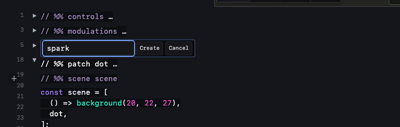 The inline New patch name field containing spark, beside Create and Cancel.