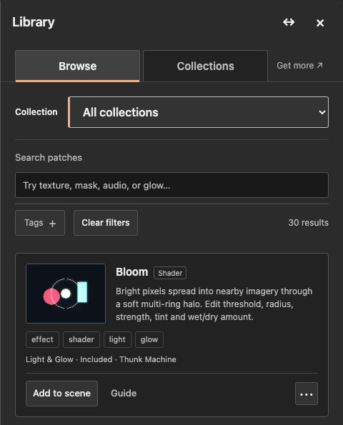 Library Browse and Collections tabs, Get more, search and tags, and a patch card with Add to scene and Guide.