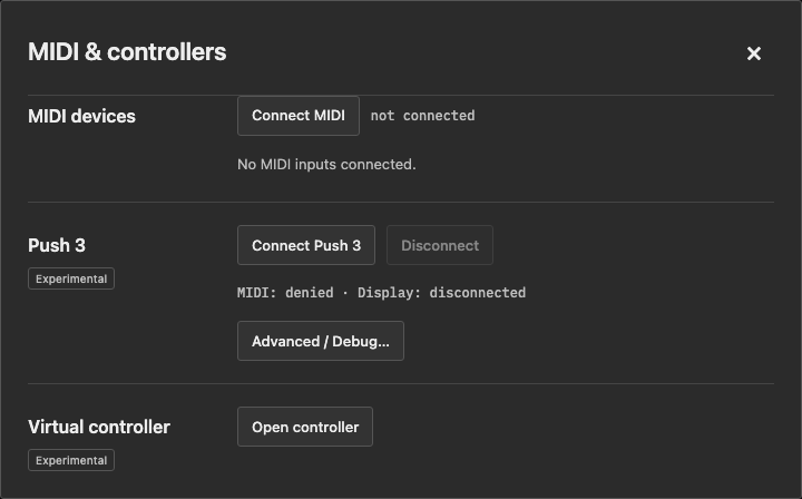 MIDI and controllers dialog with MIDI, Push 3, and virtual controller connection actions.