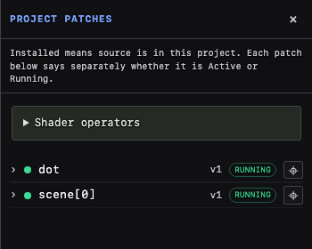 Project patches reference with installed patch names and running status.
