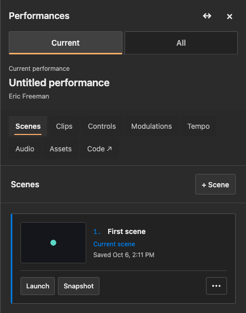 Performances showing Current and All, performance tool tabs, and a saved First scene card with Launch.