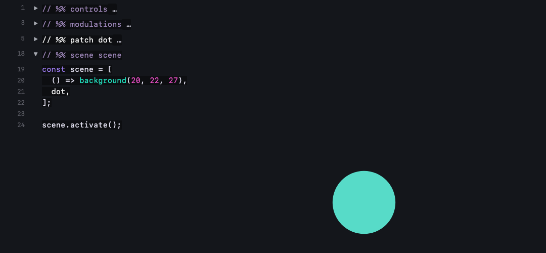 The scene editor with the dot patch collapsed and the scene array expanded over the visuals.
