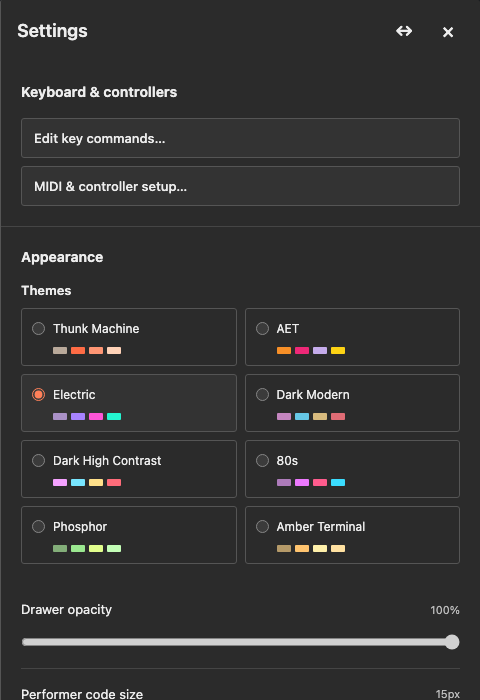 Settings panel showing Keyboard and controllers, Appearance, and the preconfigured themes.