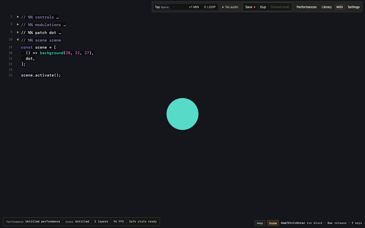 The stage displaying the turquoise circle from the first scene, without editor overlays.