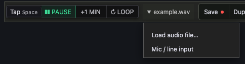 Transport controls with an audio file playing: Tap tempo, Pause, +1 MIN, Loop, and the audio-source menu offering Load audio file and Mic / line input.