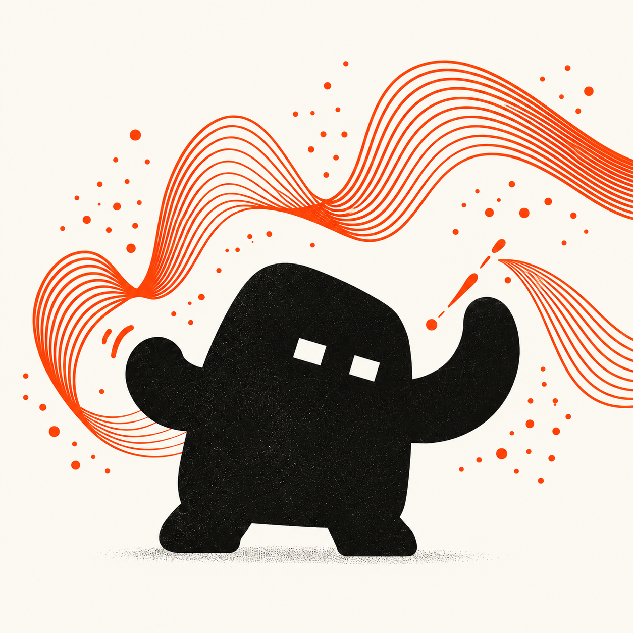 Thunk, a little black character conducting orange waves of sound and motion
